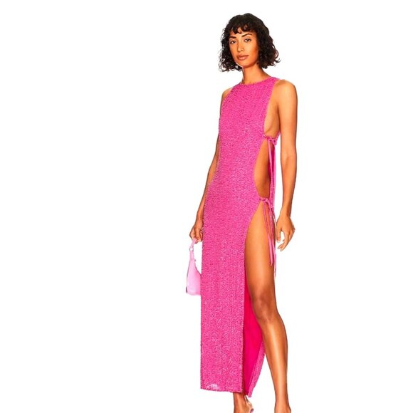 NEW! H:ours Revolve Juniper Maxi Gown Dress All over Beaded Side Cut Hot Pink XS - Picture 1 of 11